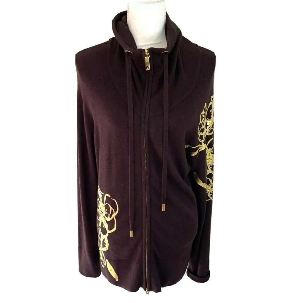 Cache Jacket Large L Womens Vintage Floral Knit Zipper Front Brown Gold Metallic